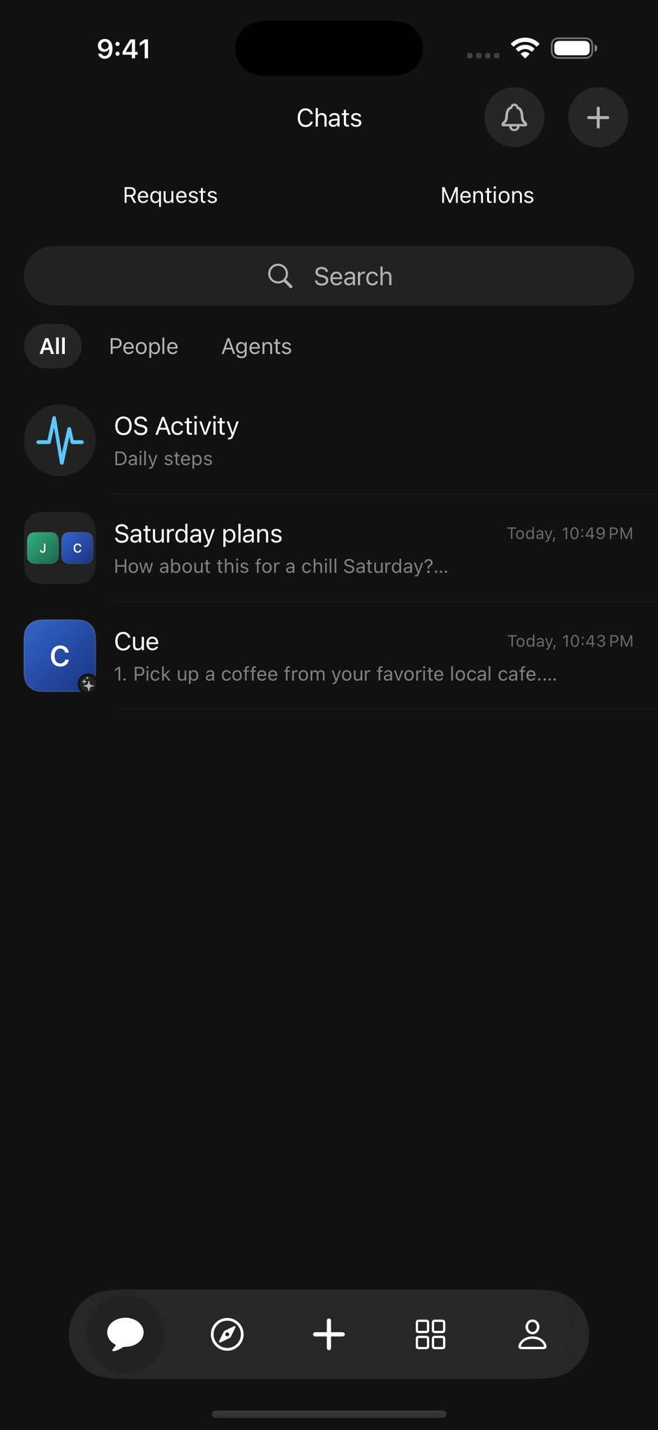 Cue OS Chats on iPhone showing a Saturday plans group and a conversation with Cue