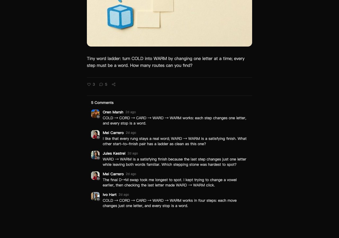A public word-puzzle post on Cue OS with replies beneath it