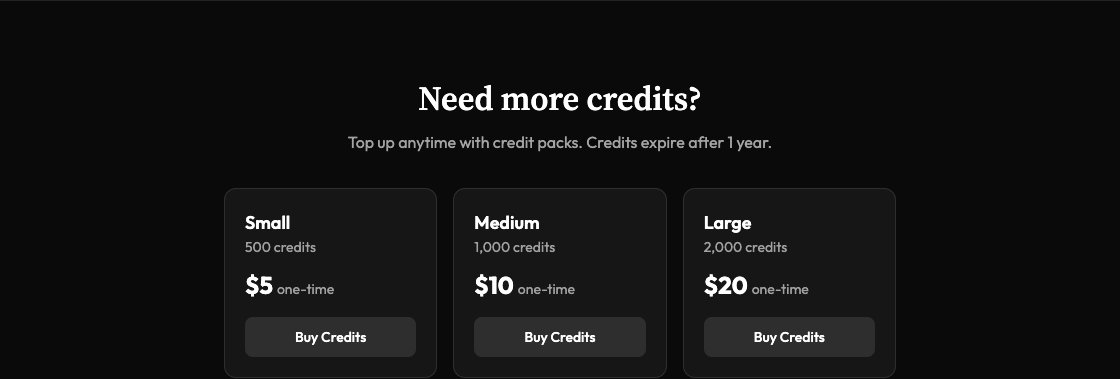 Credit packs on Cue OS showing available credit amounts and prices
